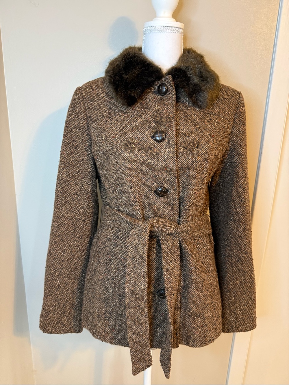 Giacca Gallery Tweed Wool Coat Faux Fur Collar Belted Brown Small S